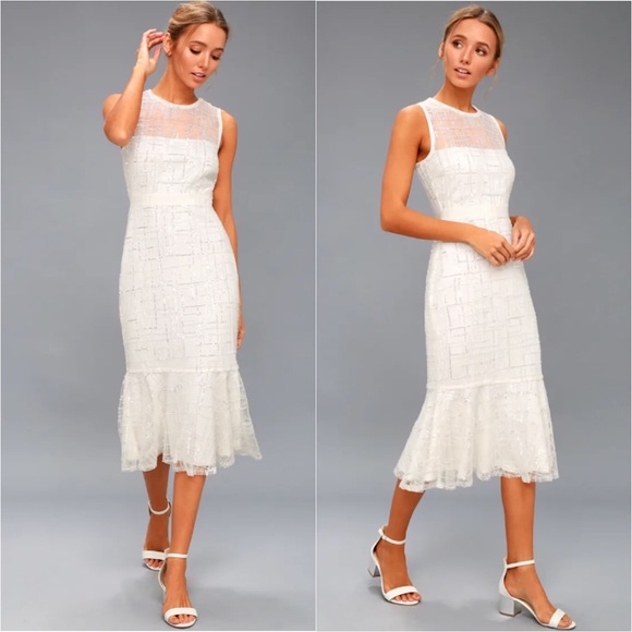 Lulu's “Classy Missy” White Silver Sequin Peplum Midi Shiny Formal Dance Dress - Picture 2 of 14